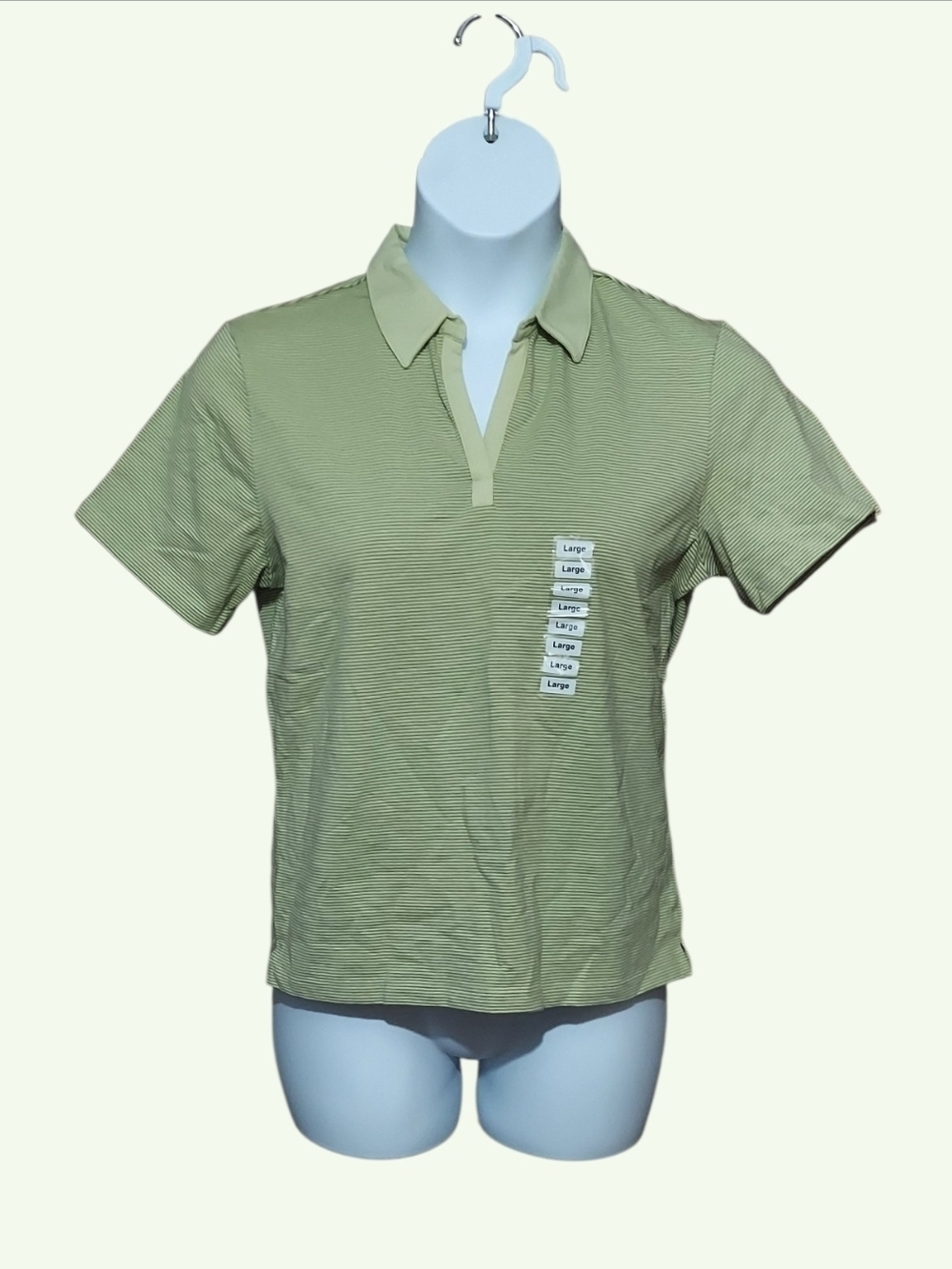 NWT Vintage Charter Club Light Olive Green Stripe Short Sleeve Polo Sz Med